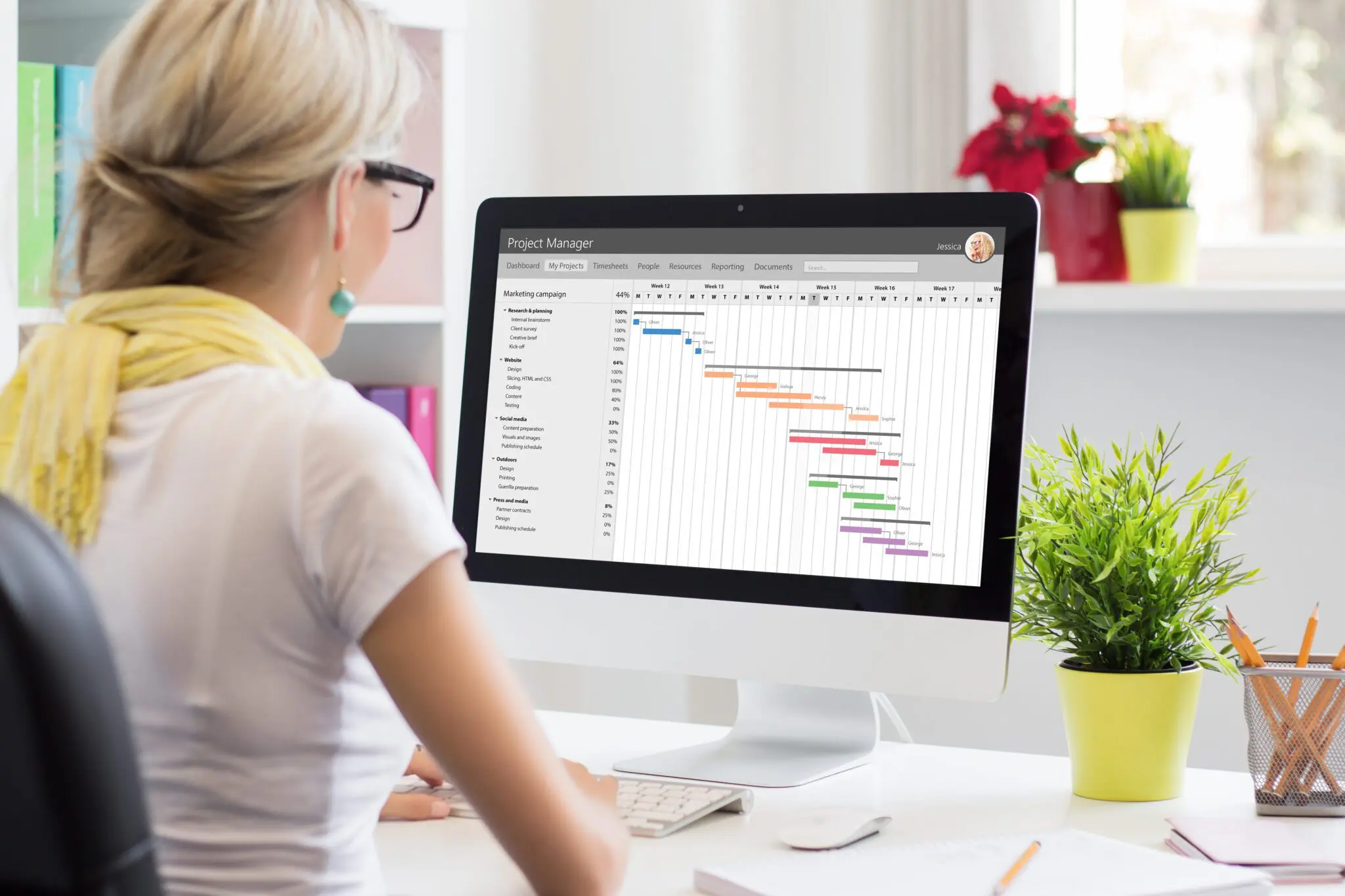 Woman Using Gantt Chart For Project Management 